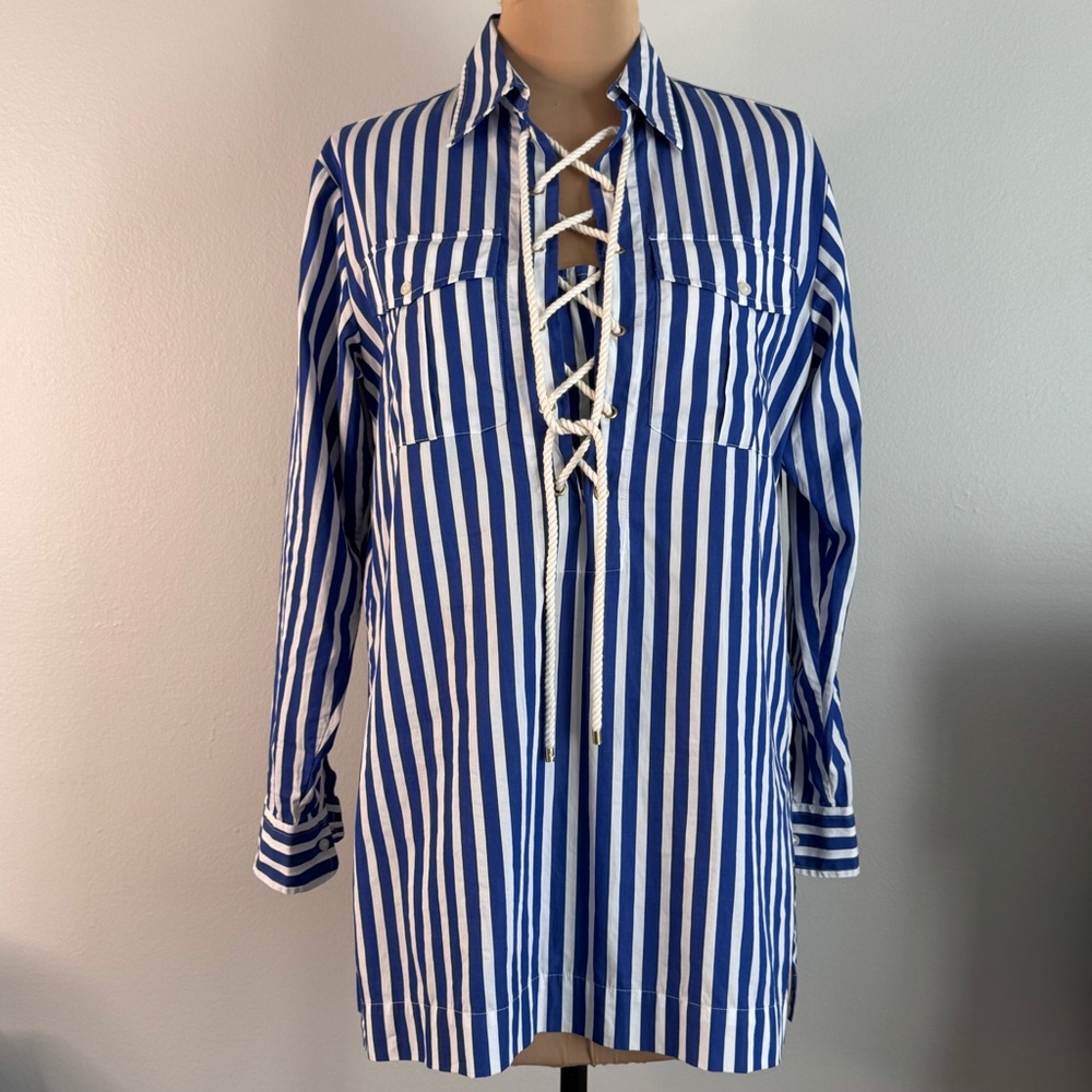 Ralph Lauren Blue White Tunic Striped Shirt Stripe Stripes Henley Pockets Cuffs - Picture 6 of 9